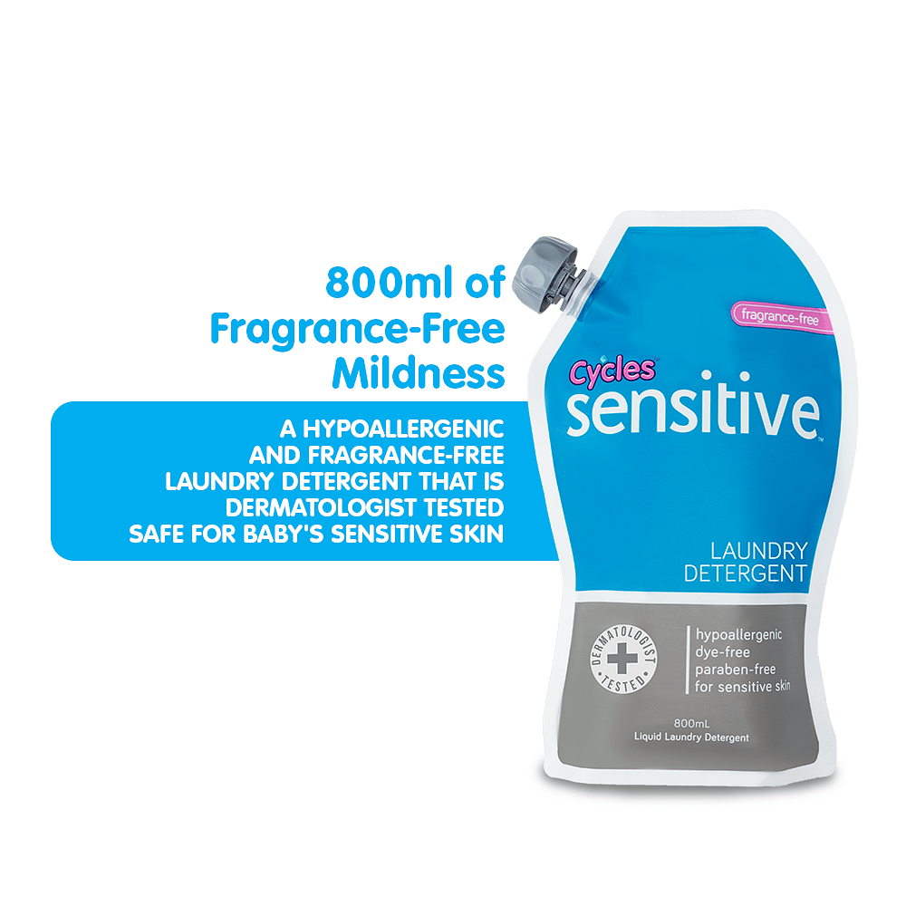 Cycles Sensitive Baby Laundry Detergent is hypoallergenic and clinically proven safe for babies' extra sensitive skin. It is ultra mild and is fragrance-free.