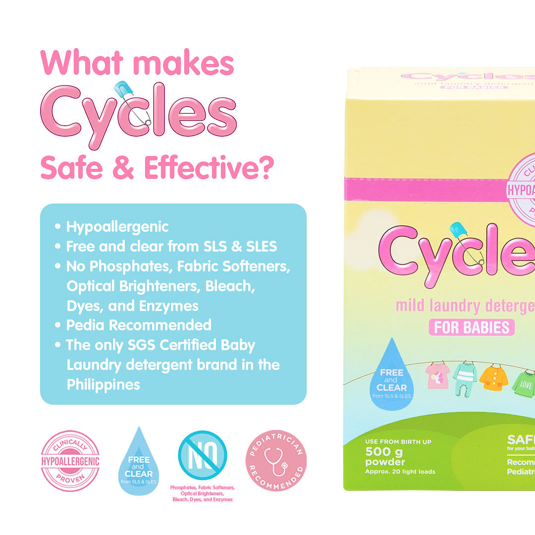 Cycles Mild Baby Laundry Powder Detergent is proven to be mild and hypoallergenic. It&#39;s free from harsh chemicals, making it safe for babies&#39; sensitive skin. 