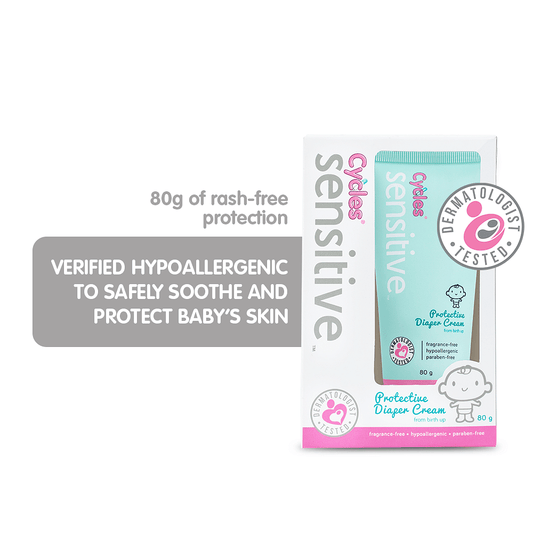 Cycles Sensitive Protective Diaper Cream contains 13% zinc oxide to protect skin from further irritation and soothe discomfort from diaper rash.  