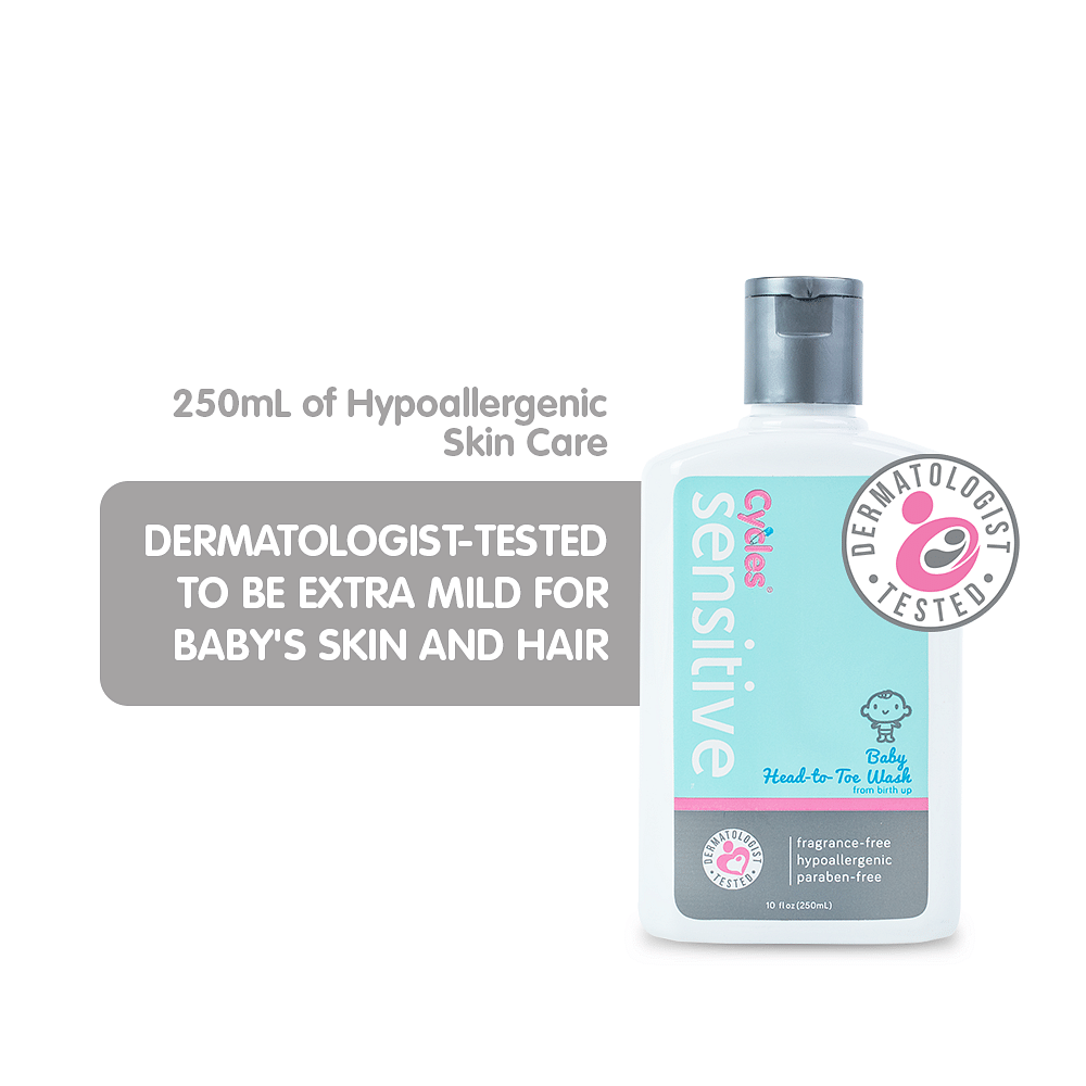Cycles Sensitive Baby Head-to-Toe Wash is a extra mild cleanser for babies' skin and hair. It has a unique tear-free formula that's gentle for newborns