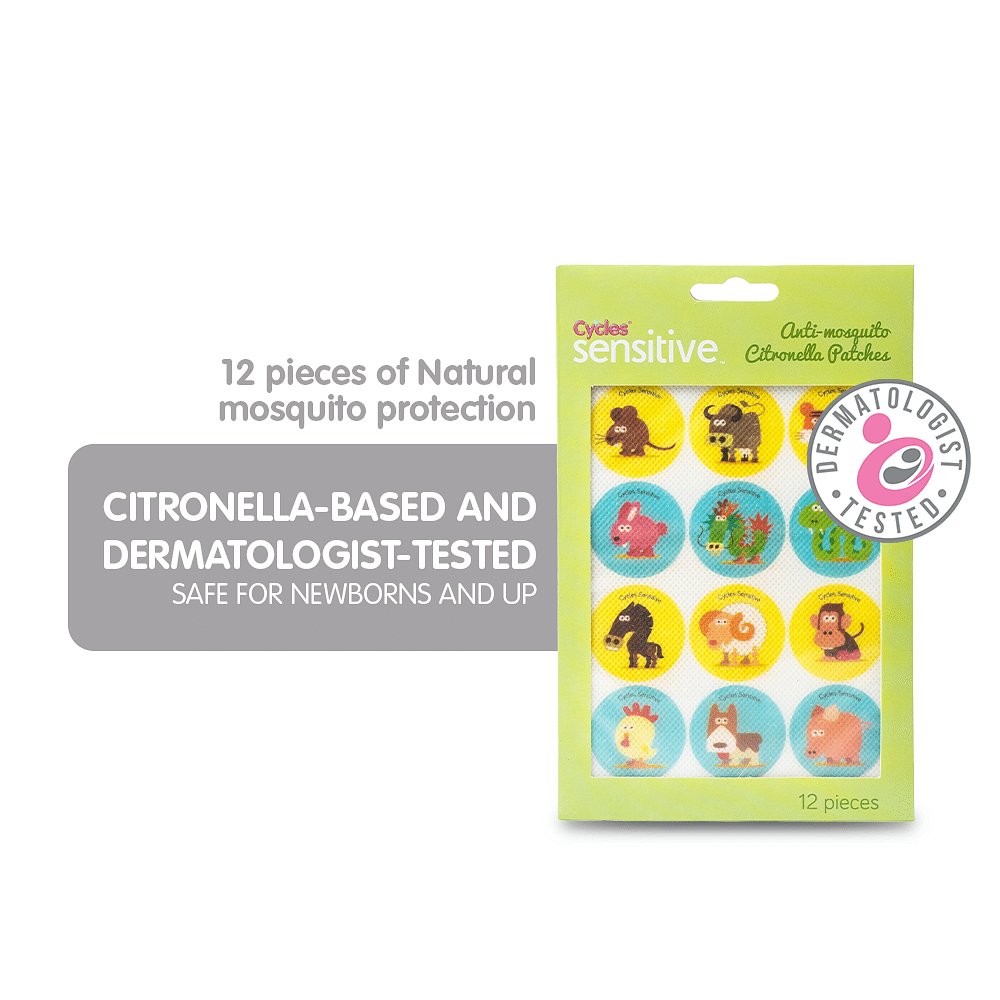 Cycles Sensitive Anti-Mosquito Citronella Patches have a natural citronella extract thaat keeps mosquitoes away once opened and lasts up to 6 hours.