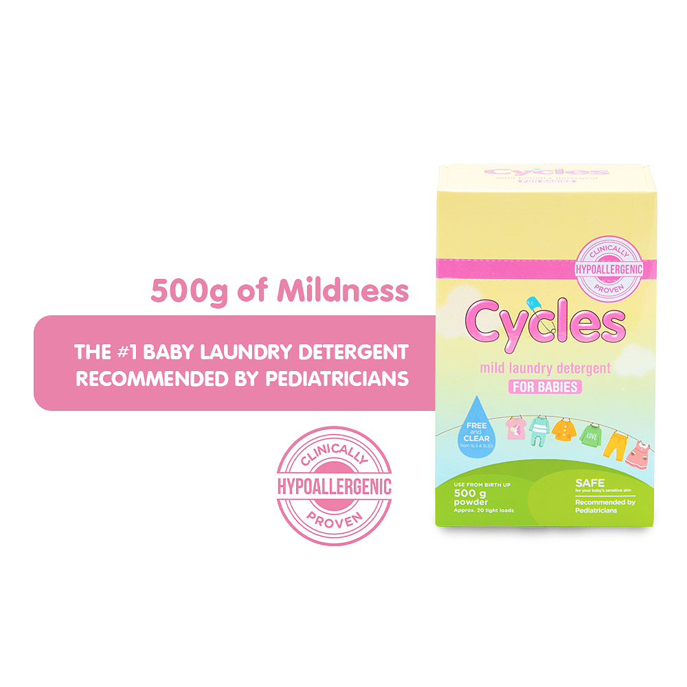 Cycles Mild Baby Laundry Powder Detergent is proven to be mild and hypoallergenic. It's free from harsh chemicals, making it safe for babies' sensitive skin. 