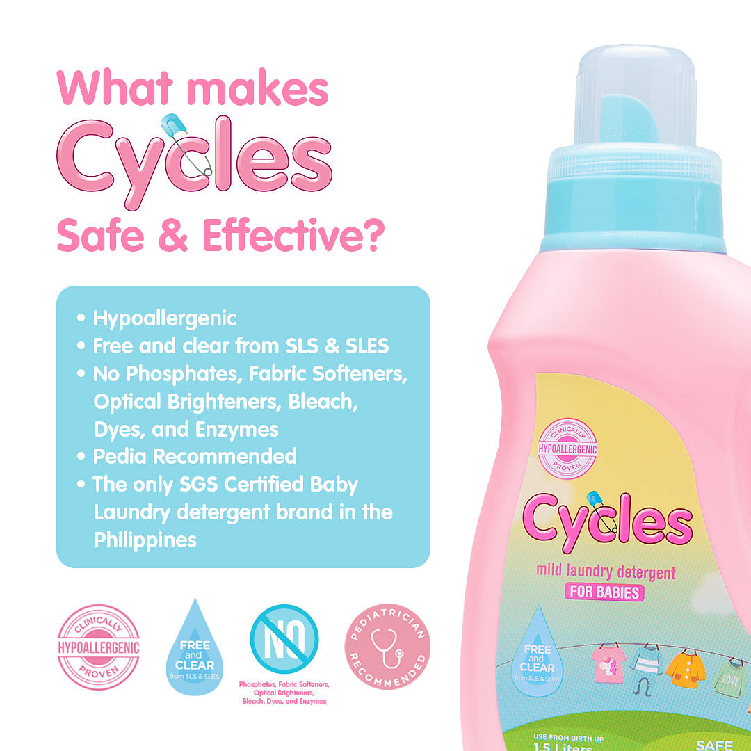Cycles Mild Baby Laundry Liquid Detergent is proven to be mild and hypoallergenic. It's free from harsh chemicals, making it safe for babies' sensitive skin. 