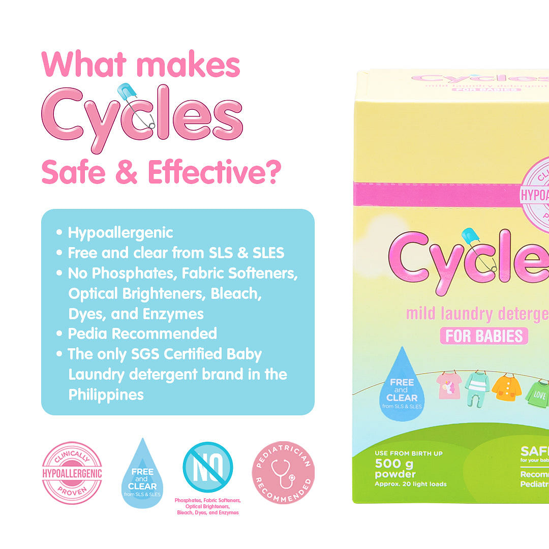 Cycles Mild Baby Laundry Powder Detergent is proven to be mild and hypoallergenic. It's free from harsh chemicals, making it safe for babies' sensitive skin. 