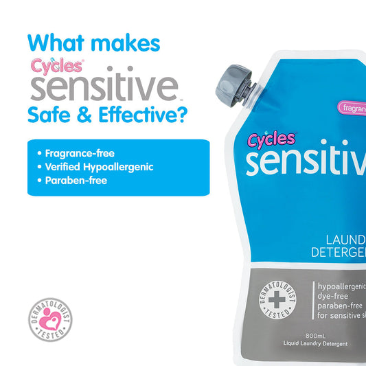 Cycles Sensitive Baby Laundry Detergent is hypoallergenic and clinically proven safe for babies' extra sensitive skin. It is ultra mild and is fragrance-free.